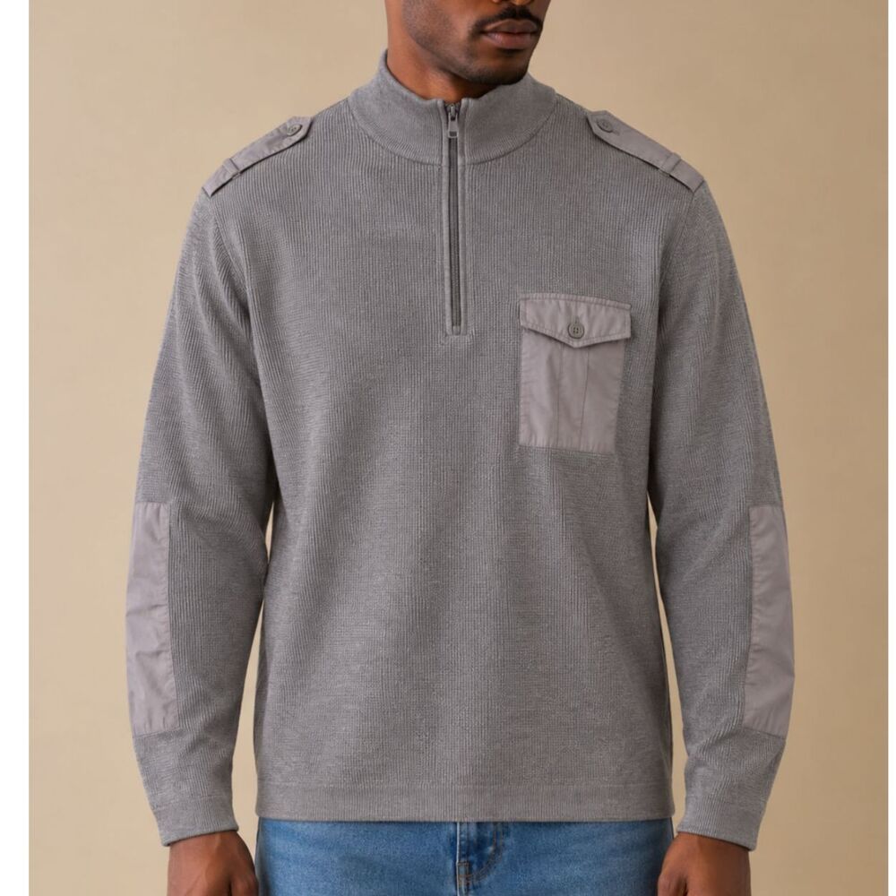Express Men’s XL Grey Mock Neck Half Zip Sweater w/ Elbow Patches